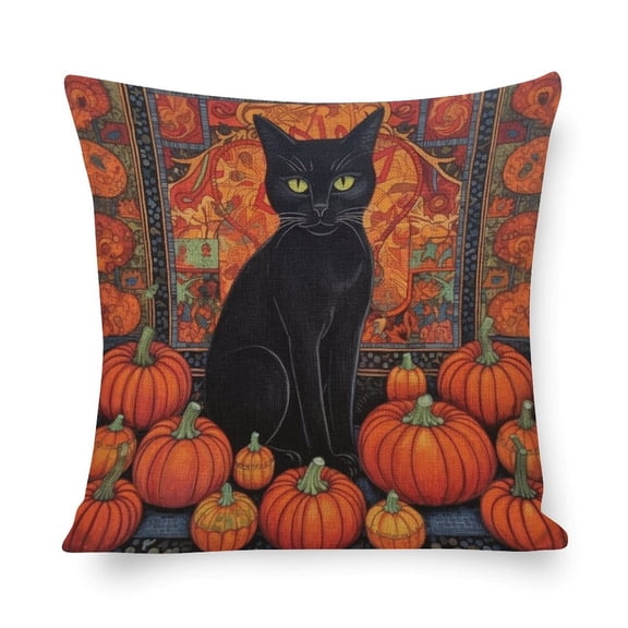 Linen Cushion Case Outdoor Home Decoration Rustic Halloween Pillow Protector Autumn Watercolor Pumpkin with Black Cat Decorative Throw Pillows Couch Pillows for Iiving Room 16"x16"