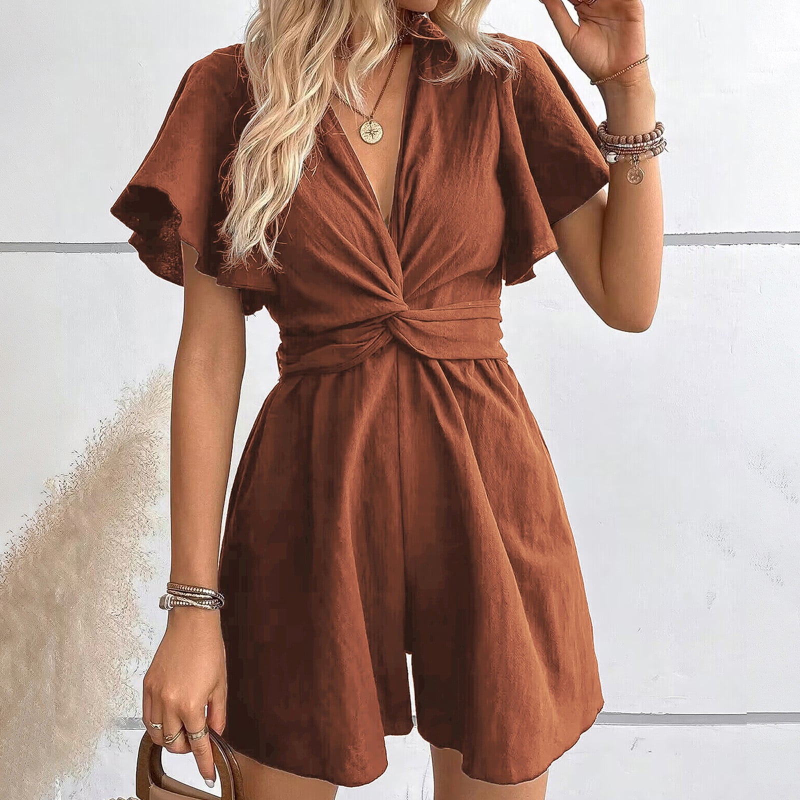 Linen Cute Romper for Women 2025 Belt Tie Wide Leg Gauze Smocked Formal ...