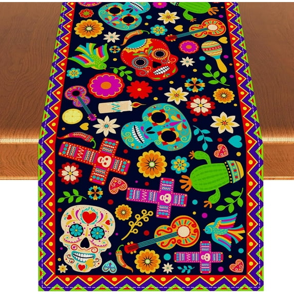 Linen Day of The Dead Table Runner Dia De Los Muertos Tablecloth Mexican Altar De Muertos Sugar Skull Decorations and Supplies for Home Table-13.8×71''''