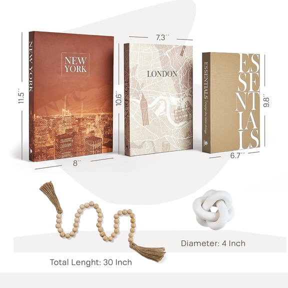 Linen Decorative Books for Home Decor - Aesthetic Set of 3 Beige Fake Books for Coffee Table Decor with Faux Book Box Storage, Wood Knot & Bead Garland - Neutral Living Room Decoration