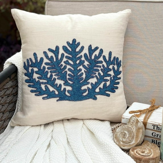 Linen Decorative Throw Pillow Cover Accent Pillow Couch Pillow Case 14x14 inch (35x35 cm) Ivory Blue Bead Embroidered Pillow Cover, Ivory Pillow Cover, Beach, Sea - Blue Coral Treasure