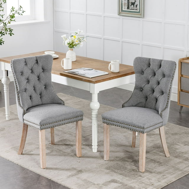 Top Modern Linen Dining Chairs Set of 2, Upholstered Chrome Nailhead