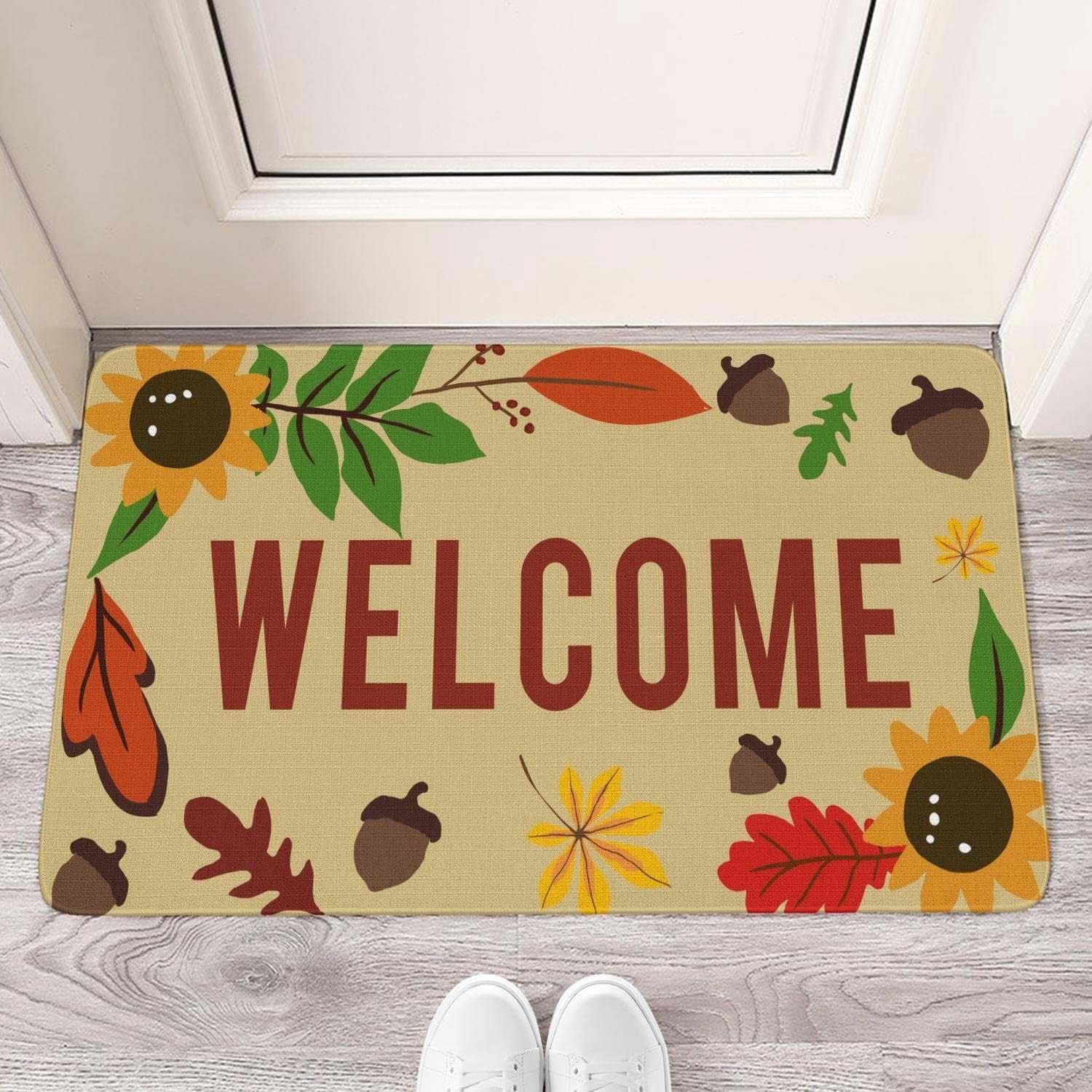 Linen Door Mat Maple Sunflower Dirt Resist Rug Welcome Indoor and Outdoor Front Entrance Doormat Home Decor Heavy Rubber Backing for Non Slip, 30" X 17"