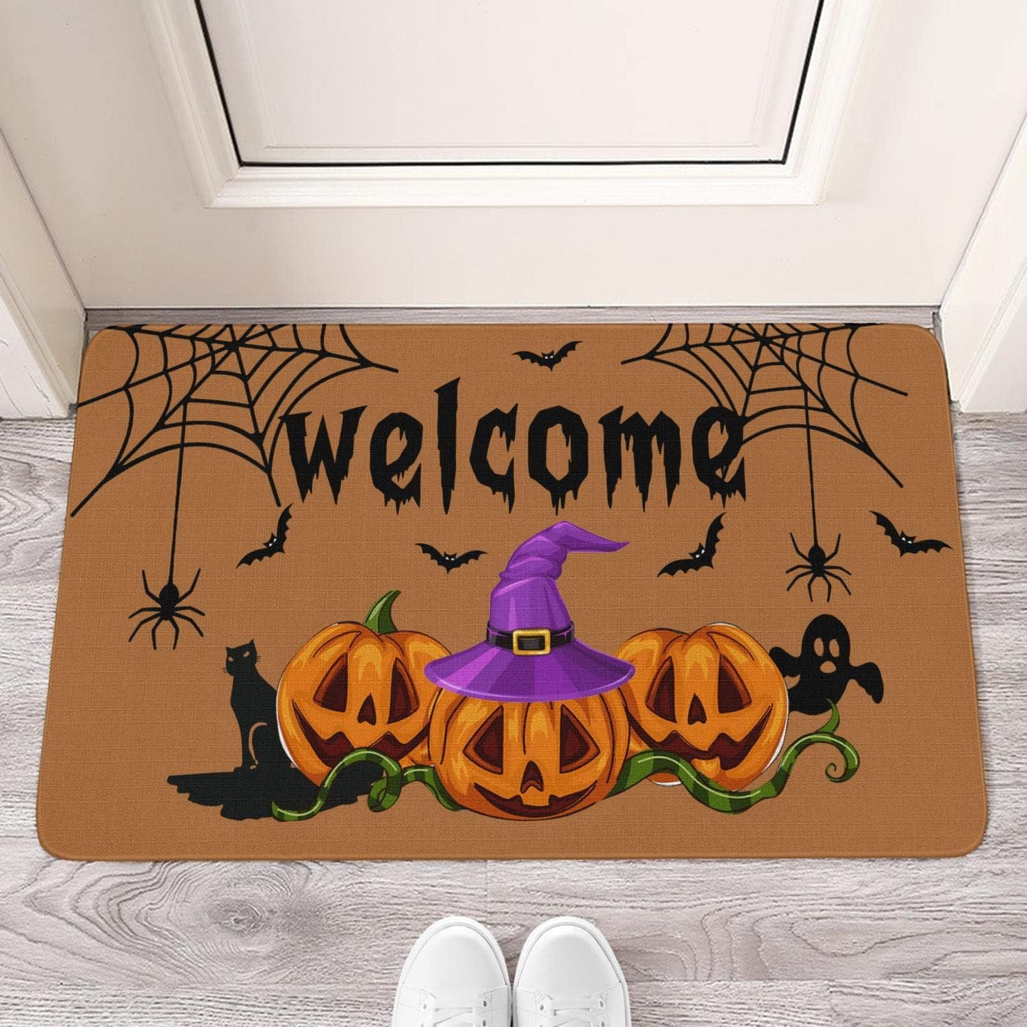 Linen Door Mat Pumpkin Dirt Resist Rug Halloween Welcome Indoor and Outdoor Front Entrance Doormat Home Decor Heavy Rubber Backing for Non Slip, 30" X 17"