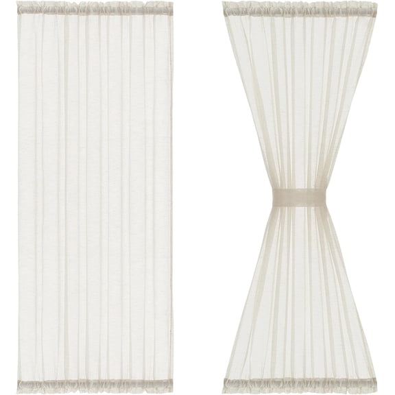 Linen Door Panel Curtains 40 Flax Blend Small Sheer Glass Door Curtain 52 inch Wide Half Short Curtain with Tiebacks for Patio Glass Doors, Rod Pocket 2 Panels Set