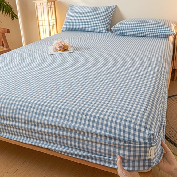 Linen Double Bed Fitted Sheet, Non-Slip Full Mattress Cover, 78x59 Inch, Blue