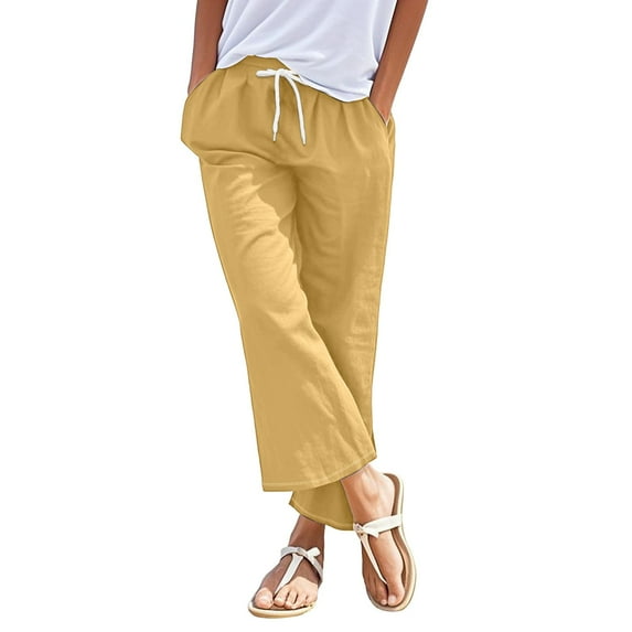 Linen Drawstring Pants - 2025 Summer Elastic Waist Casual Trousers, Comfortable Loose Fit Cotton Bottoms | Yubnlvae (Yellow | XXL)