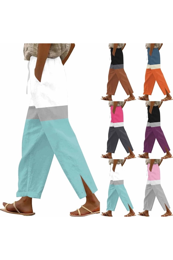 Linen Drawstring Pants for Women Loose Straight Leg Summer Pants with Pockets And Side Slits Casual Wide Leg Trousers Lounge Pants Mother's Day Gifts | CSEONE,Coffee XL