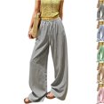 thumbnail image 1 of Linen Drawstring Pants Women Pinstripe Wide Leg Flowy Pants Palazzo Beach Casual Pant with Pockets Loose Summer Pant Black XXL, 1 of 6