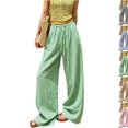 thumbnail image 1 of Linen Drawstring Pants Women Pinstripe Wide Leg Flowy Pants Palazzo Beach Casual Pant with Pockets Loose Summer Pant Green XL, 1 of 6