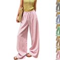 thumbnail image 1 of Linen Drawstring Pants Women Pinstripe Wide Leg Flowy Pants Palazzo Beach Casual Pant with Pockets Loose Summer Pant Pink L, 1 of 6