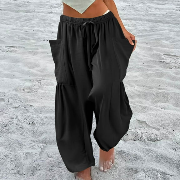 Linen Drawstring Pants Women Plus Size Wide Leg High Waisted Ankle Length Elastic Waist Gaucho Pants Yoga Baggy Harem Pantswith Pockets Black XXL