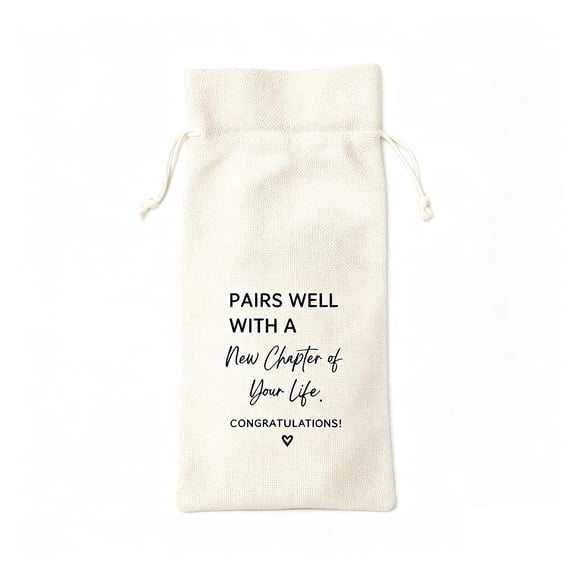 Linen Drawstring Wine Bag with Printed Housewarming Congratulations Text for Bottle Gift Packaging Home Party Use