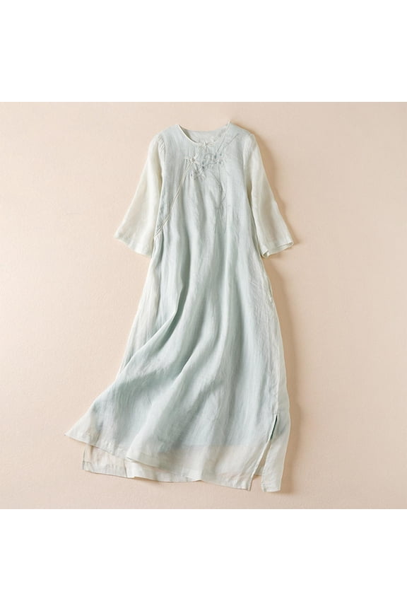 Linen Dress, Boho Style Short Sleeve Midi Dress with Elastic Waist, Loose Fit Cottagecore Inspired Mandarin Collar Dress for Women