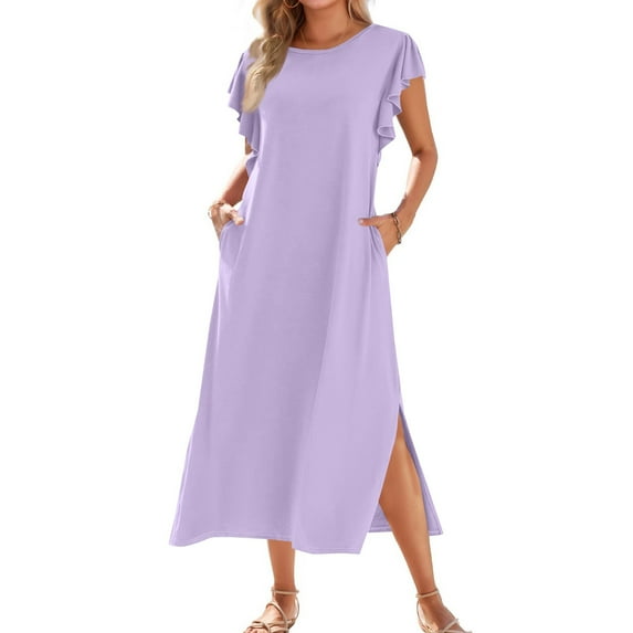 Linen Dress, Casual Pleated Sleeves Loose Fit Round Neck Slit Beach Sundress Party Vacation Long Flowy Maxi Dress With Pockets Black Shoes Women Dressy Mini Dresses (XXL, Purple) ZMTing