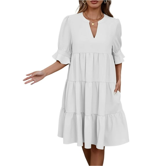 Linen Dress, Casual V Neck Short Sleeves Boho Dress With Ruffle Hem Beach Vacation Wedding Guest Short Dress Sheer Womens Summer Dresses Casual For Women Halter Dresses Outfits (M, White) ZMTing
