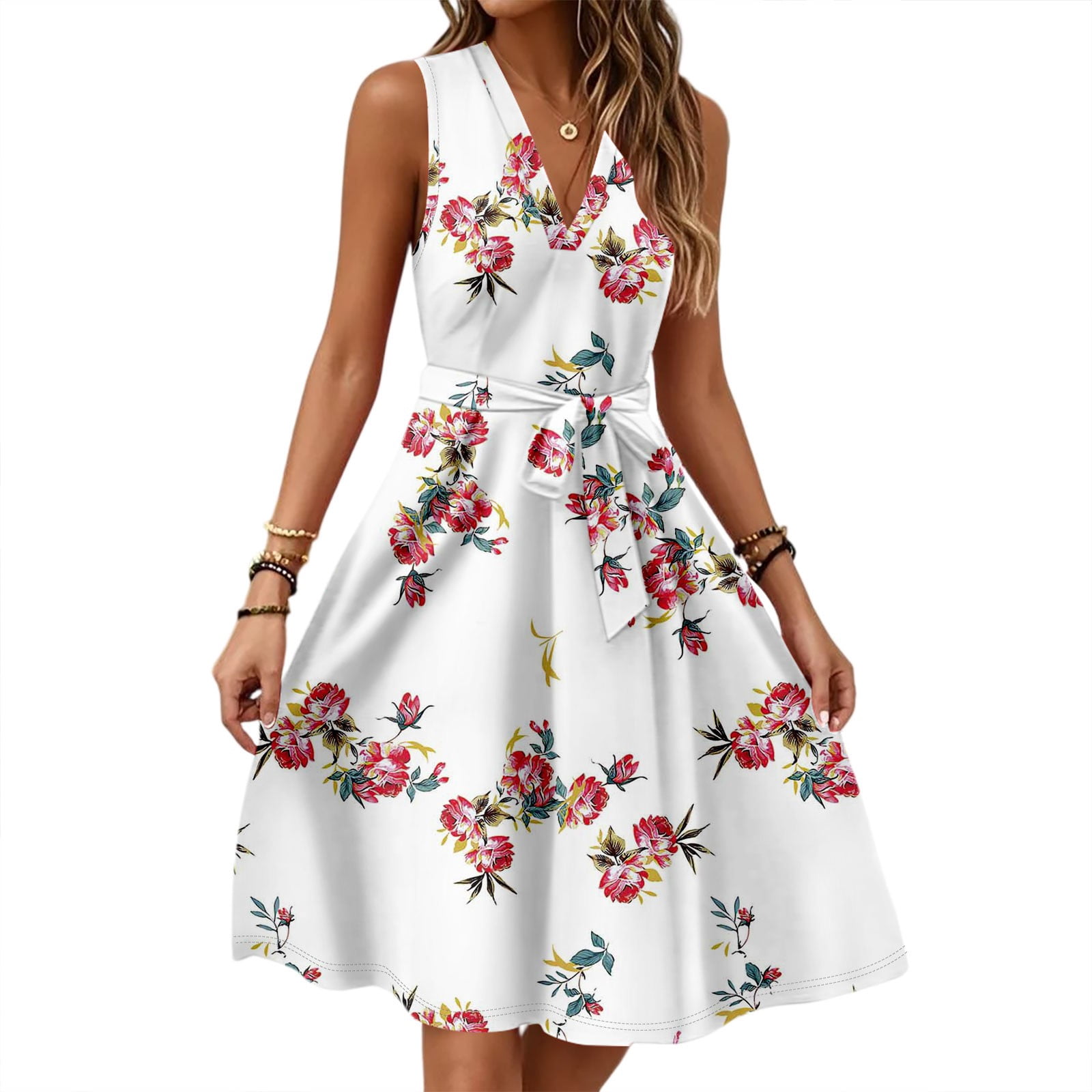 Elegant Summer Long Mid-Thigh Dress V-Neck Sleeveless with Floral Pleats in White Chiffon New