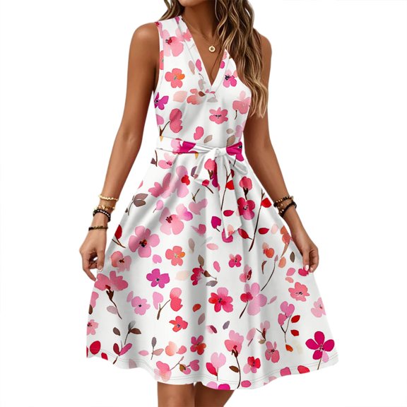 Linen Dress, Casual V Neck Sleeveless Floral Tunic Tank Wedding Guest Dress Cocktail Beach Vacation Corset Dress For Women White Graduation Dress Teacher Gothic Dresses (M, Pink) ZMTing