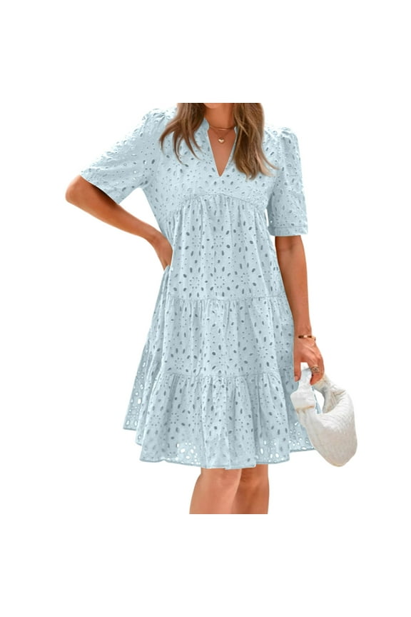 Linen Dress, Eyelet Boho Casual V Neck A Line Short Sleeve Sundress For Vacation Party Evening Dresses Women 2025 Summer Dresses Easter Outfit Casual Dresses Casual Dresses (M, Light Blue) ZMTing