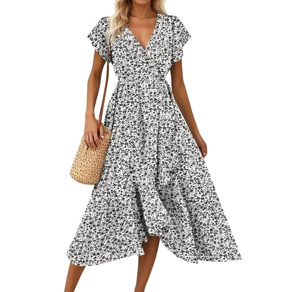 Linen Dress, Floral Wedding Guest Chiffon V Neck Short Sleeve Ruffle Tie Tunic Flowy Maxi Graduation Dress Resort For Women 2025 Vacation Little Black Dresses Cocktail Dresses (XXL, Black) ZMTing