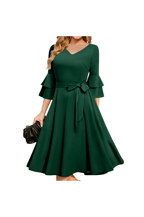 Linen Dress, Formal Wedding Guest Elegant Bell Sleeve Cocktail Party Church Midi Evening Dress Womens Shoes Casual Semi Dresses Try Before You Buy Dresses Gothic Dresses (L, Dark Green) ZMTing