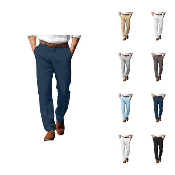Linen Dress Pants for Men Solid Color Business Casual Pants with Pockets Mens Slacks Trousers