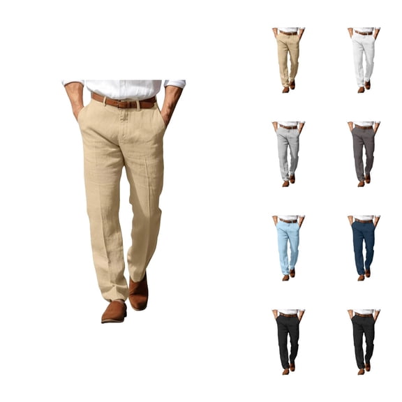 Linen Dress Pants for Men Solid Color Business Casual Pants with Pockets Mens Slacks Trousers