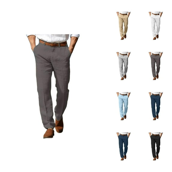 Linen Dress Pants for Men Solid Color Business Casual Pants with Pockets Mens Slacks Trousers