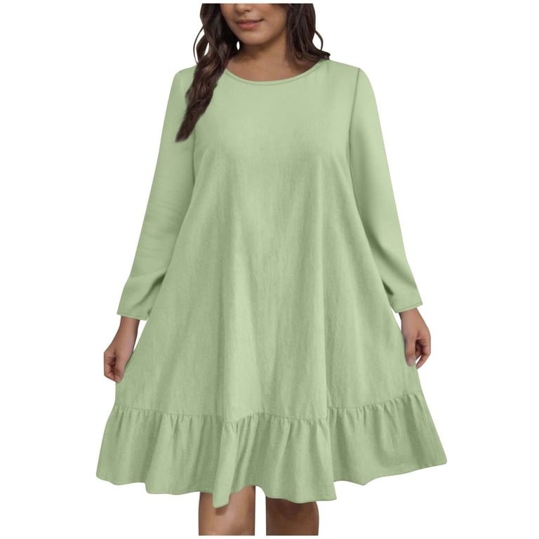 Linen Dress Plus Size Solid Color Tunic Dress Women Trendy Loose  Comfortable Long Sleeve Round-Neck Ruffle Flowy Short Dress Mint Green L -  Walmart.com