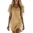 thumbnail image 1 of Linen Dress Sevevn Women's Cotton Linen V Neck T Shirt Dress Short Sleeve Casual Mini Dress Khaki 2XL, 1 of 6