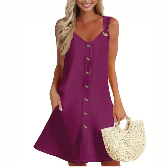 Linen Dress, Tank Casual V Neck Sleeveless Button Down Beach Dress With Pockets Women'S Winter Dresses Prom Dusty Blue Bridesmaid Dresses Women Petite For Church Dresses (S, Purple) ZMTing