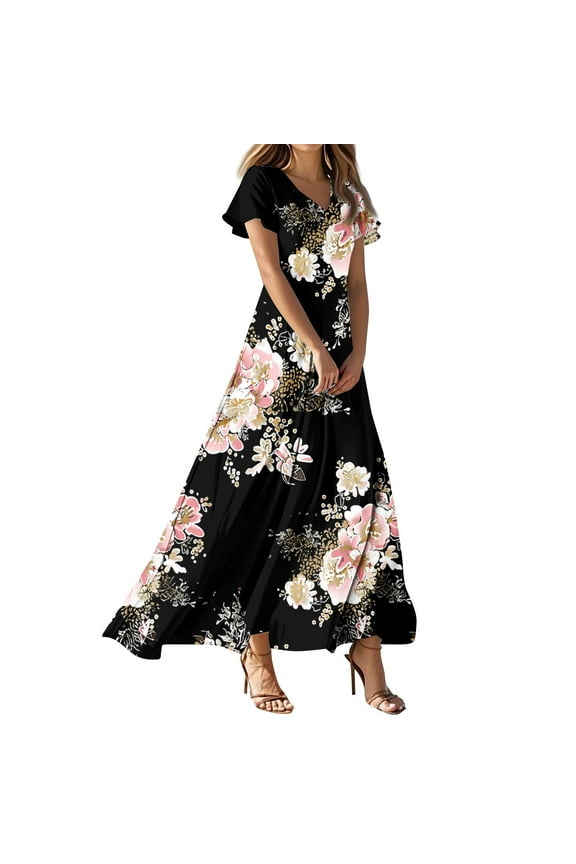 Linen Dress, Wedding Guest Easter Dresses Chiffon Floral Short Sleeve Ruffle V Neck Flowy Maxi Dress Women Shoes Boho Dresses For Bride Party 2025 Summer Dresses (S, Dark Gray) ZMTing