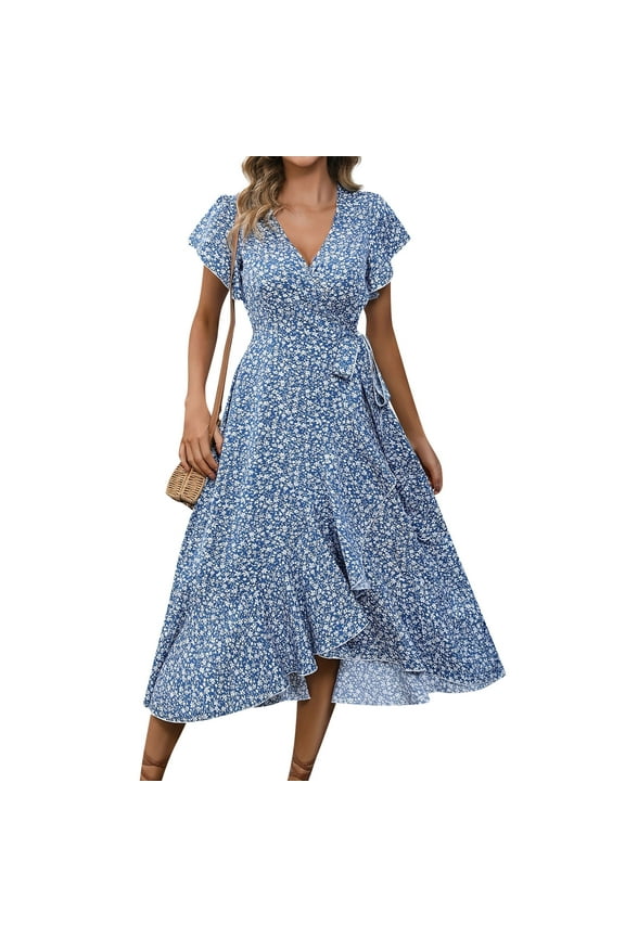 Linen Dress, Wedding Guest Easter Dresses Chiffon Floral Short Sleeve Ruffle V Neck Tunic Flowy Maxi Dress Midi Sweater Sun Dresses Spring Break Women Petite Dresses (M, Blue) ZMTing