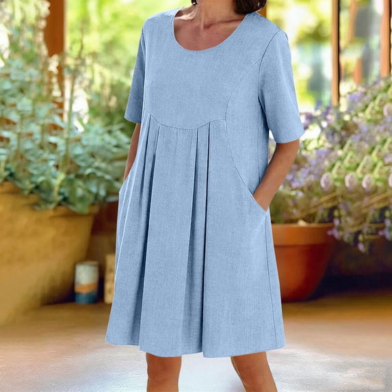 Linen Dress Women Crew Neck Short Sleeve Tunic Boho Midi Dress Casual Summer Pleated Flowy Beach Vacation Knee Length Dresses with Pockets Elegant Dresses for Women Light Blue S