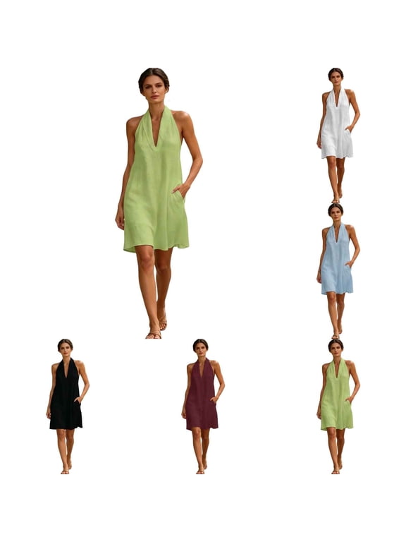 Linen Dress Women Halter V Neck Mini Dresses Casual Sleeveless Flowy Long Dress Summer Beach Vacation Sundress with Pockets