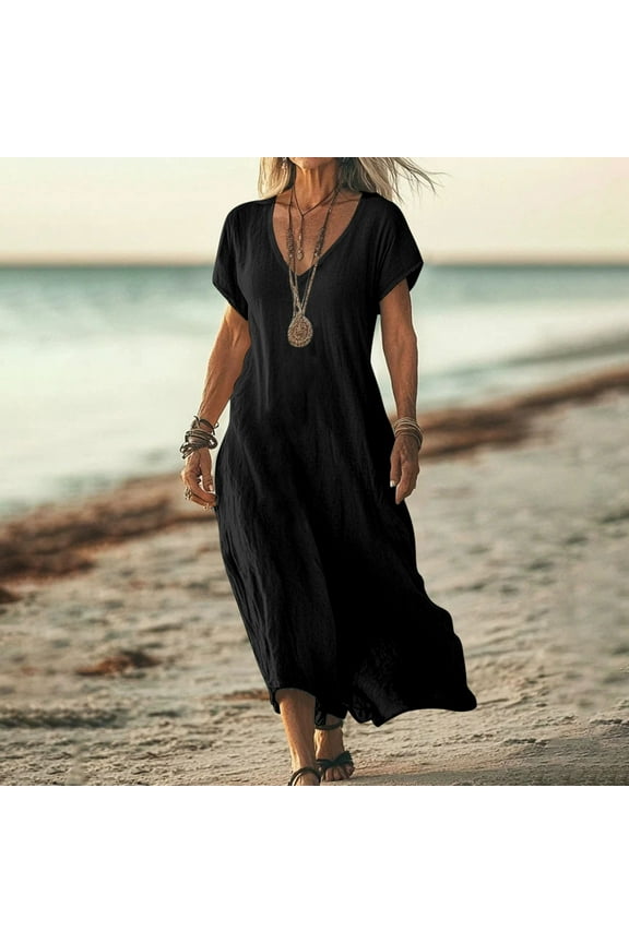 Linen Dress for Women Summer Maxi Dress Plus Size Short Sleeve V Neck Loose Fit Casual Sundresses Vacation Beach Boho Dress Soft Comfy Flowy Dress