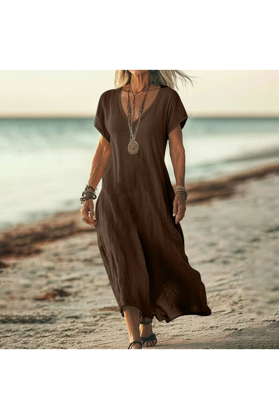 Linen Dress for Women Summer Maxi Dress Plus Size Short Sleeve V Neck Loose Fit Casual Sundresses Vacation Beach Boho Dress Soft Comfy Flowy Dress ,The Month