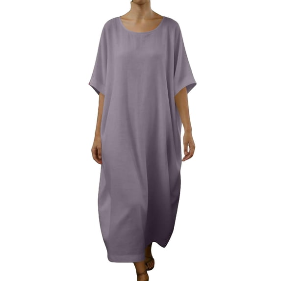 Linen Dress for Women 2026 - Short Sleeve Round Neck Summer Lounge Beach Vacation Flowy Maxi Dresses Sundress