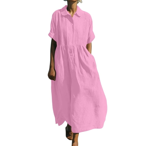 Linen Dress for Women 2026 Summer - Short Sleeve Button Up Flowy A-Line Pleated Front Lapel Collared Casual Maxi Dress