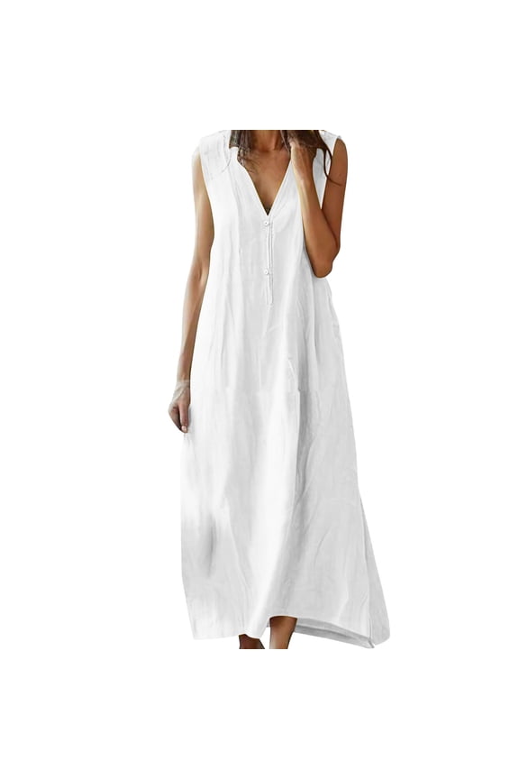 Linen Dress for Women Button V Neck Sleeveless Elegant Loose Dresses Maxi Dress Casual Summer Long Dress