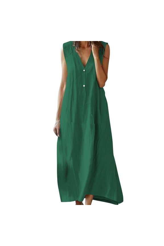 Linen Dress for Women Button V Neck Sleeveless Elegant Loose Dresses Maxi Dress Casual Summer Long Dress