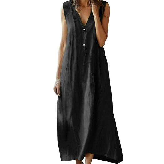 Linen Dress for Women Button V Neck Sleeveless Elegant Loose Dresses Maxi Dress Casual Summer Long Dress