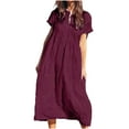 thumbnail image 1 of Linen Dress for Women Elastic High Waist Boho Maxi Dress Short Sleeve Dress Flowy Long Skirts Ankle Length Dress Casual Swing Long Beach Dress, 1 of 6