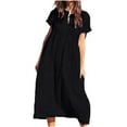 thumbnail image 1 of Linen Dress for Women Elastic High Waist Boho Maxi Dress Short Sleeve Dress Flowy Long Skirts Ankle Length Dress Casual Swing Long Beach Dress, 1 of 6
