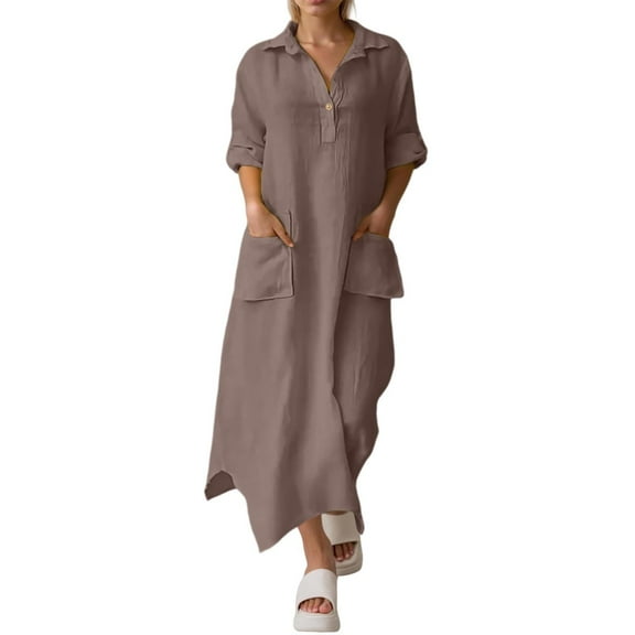 Linen Dress for Women Long Skirt Shirt, Elegant Solid Colour, Casual Lapel, Midi Dress, Loose Long Tunic with Pockets, Comfortable and Breathable