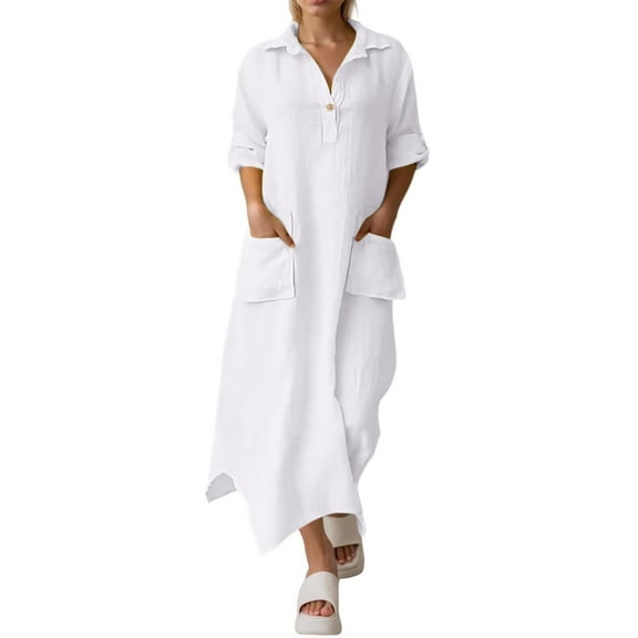 Linen Dress for Women Long Skirt Shirt, Elegant Solid Colour, Casual Lapel, Midi Dress, Loose Long Tunic with Pockets, Comfortable and Breathable