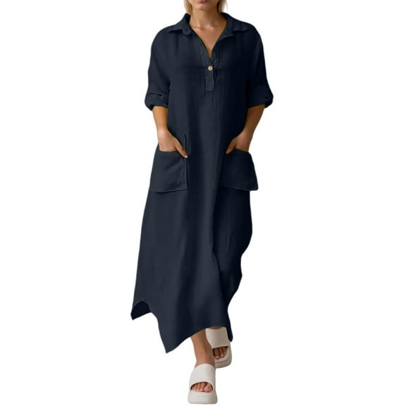 Linen Dress for Women Long Skirt Shirt, Elegant Solid Colour, Casual Lapel, Midi Dress, Loose Long Tunic with Pockets, Comfortable and Breathable
