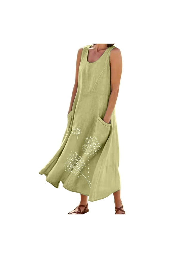 Linen Dress for Women Summer Sleeveless Solid Casual Baggy Flowy Maxi Dresses with Pockets Green XXXXL