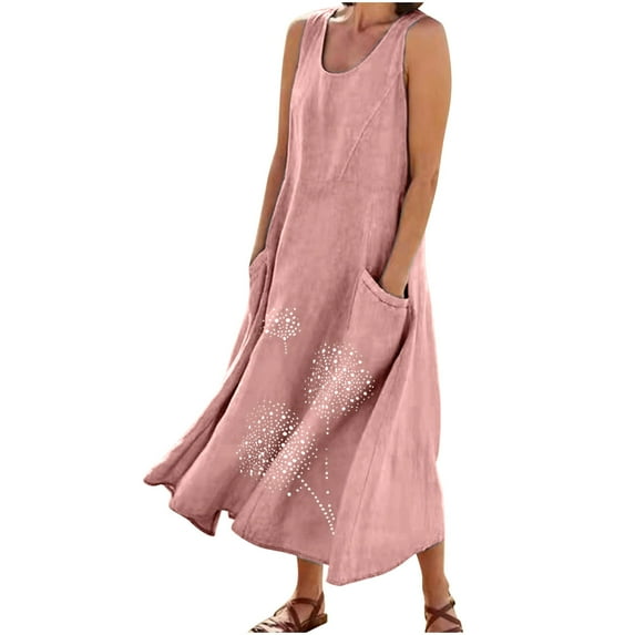 Linen Dress for Women Summer Sleeveless Solid Casual Baggy Flowy Maxi Dresses with Pockets Pink XXL