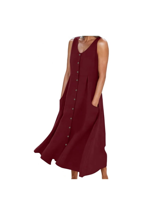 Linen Dress for Women Women's Linen Loose Fit High Waist Dress Solid Color V Neck Sleeveless Casual Daywear Breathable Red XXL